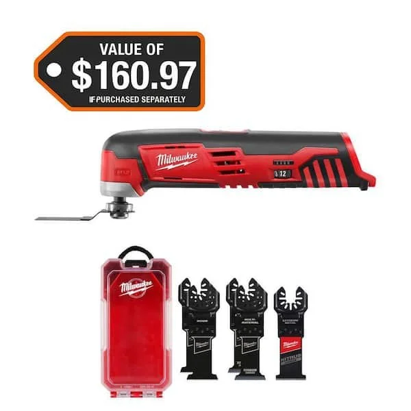 Milwaukee M12 cordless oscillating multi tool and 5 piece blade kit set against a white background showing a 48% discount.