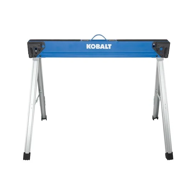 Kobalt 43 inch wide steel sawhorse fully set up to support heavy materials on a jobsite