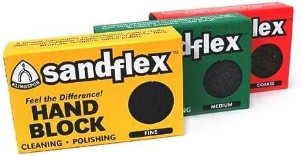 Sandflex Sanding Block 3 Pack featuring fine medium and coarse grit blocks for rust removal on metal tools.