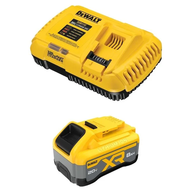 DeWalt 20V Max 8Ah lithium ion battery and charger starter kit on a clean background showing a $60 discount.