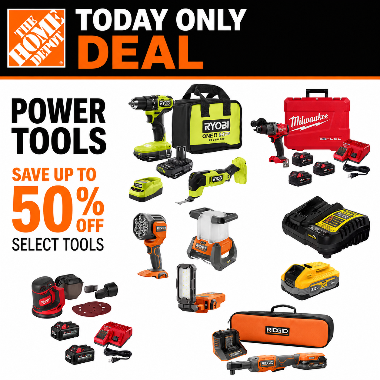Home Depot today only flash sale up to 50% off power tools from RYOBI, RIDGID, Milwaukee, and DEWALT plus 40% off hand tools online only