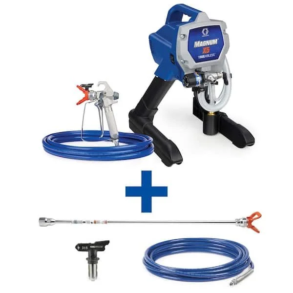 Graco Magnum X5 stand airless paint sprayer kit with included 20 inch extension rod hose metal spray gun and extra spray tips.