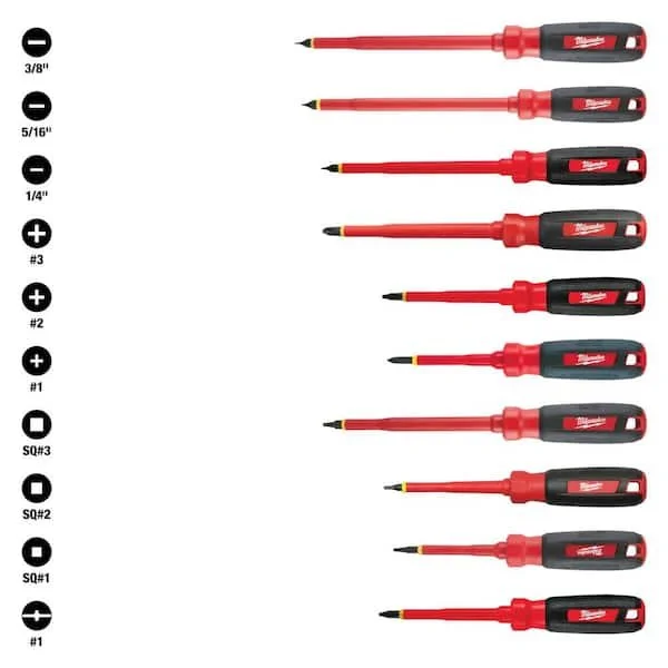 Milwaukee 10 piece 1000V insulated screwdriver set with red and black handles arranged in a black zipper carrying case.