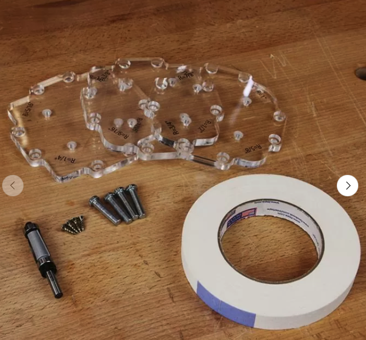 Infinity Tools Corner Radius Template Guide Package with three acrylic templates and a double bearing router bit on sale.