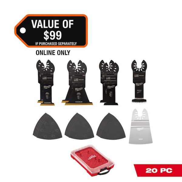 Milwaukee 20 piece oscillating multi tool blade kit with bi metal blades, wood blades, scraper, triangle sandpaper, and modular hard shell case on sale for $44.88