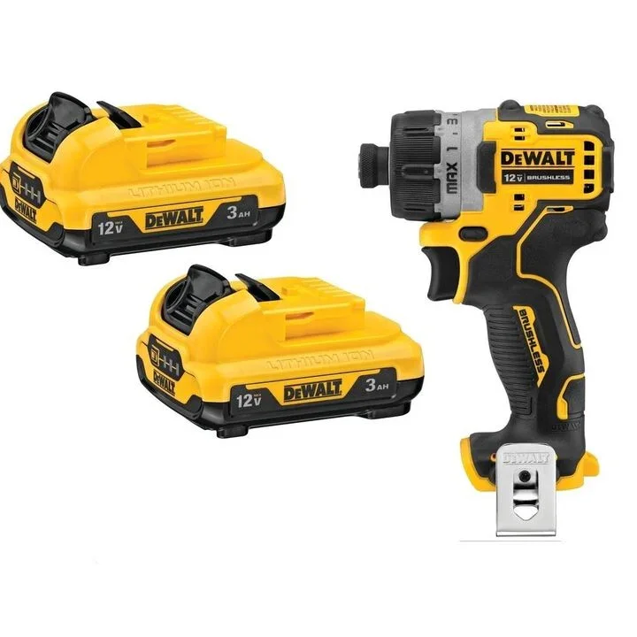 DEWALT 12V MAX brushless screwdriver bundle with two 3Ah batteries and belt clip.