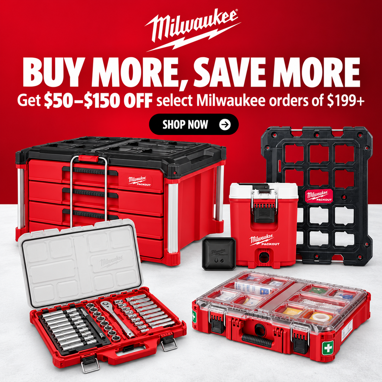 Assortment of Milwaukee PACKOUT modular tool boxes and organizers stacked together