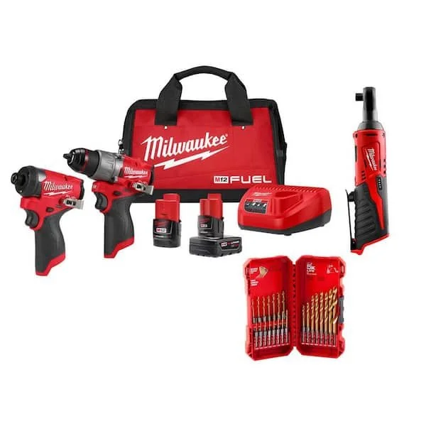 Milwaukee M12 FUEL hammer drill and impact driver combo kit with ratchet and titanium bit set