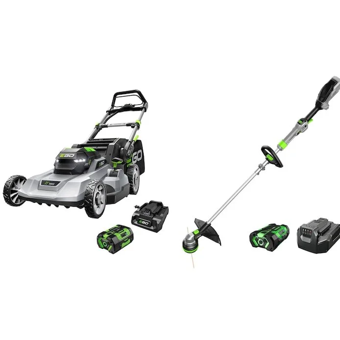 EGO Power Plus cordless outdoor power tool kit including a lawn mower, leaf blower, and string trimmer with lithium batteries.