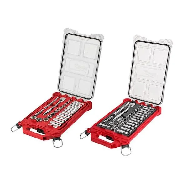 Milwaukee 3/8 inch Drive SAE and Metric Ratchet and Socket Mechanics Tool Set inside PACKOUT compact low profile organizers.