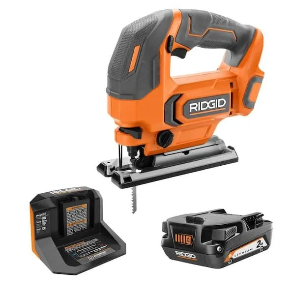 Ridgid 18V cordless jig saw kit including 2.0 Ah battery charger and wood cutting blade on a white background.