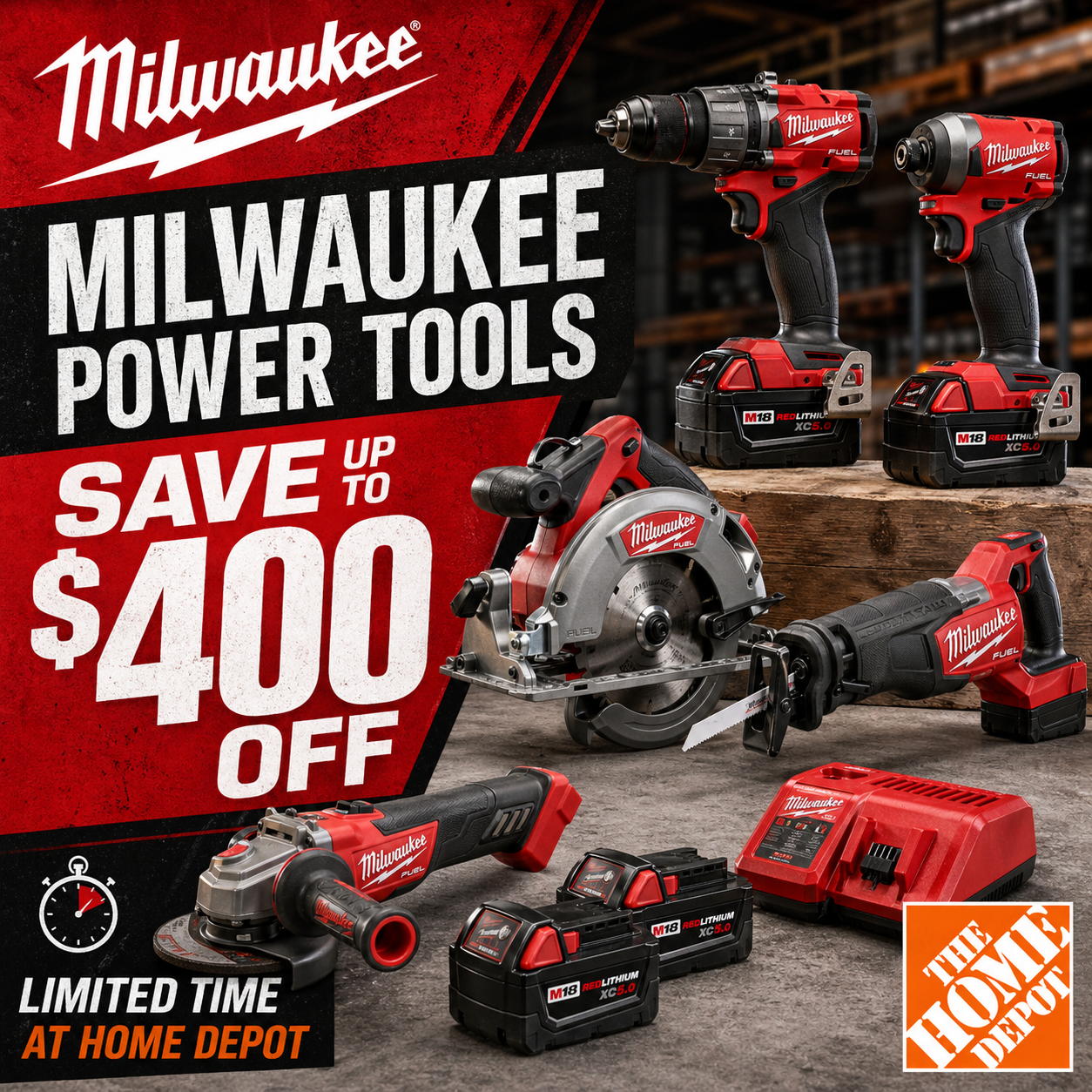 Selection of Milwaukee M18 FUEL power tools and high capacity batteries on a workbench at Home Depot.