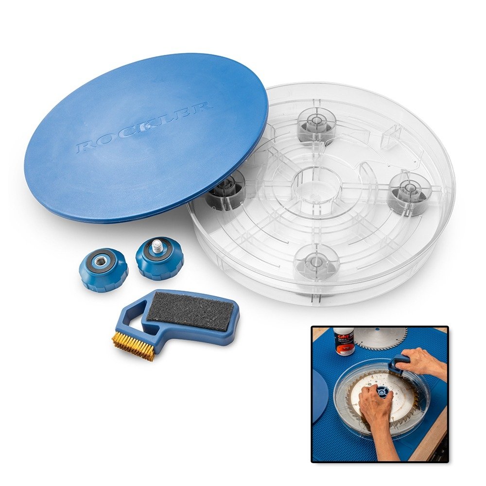 Rockler saw blade cleaning kit with clear soaking dish, blade grips, and brass bristle brush for cleaning table saw and miter saw blades