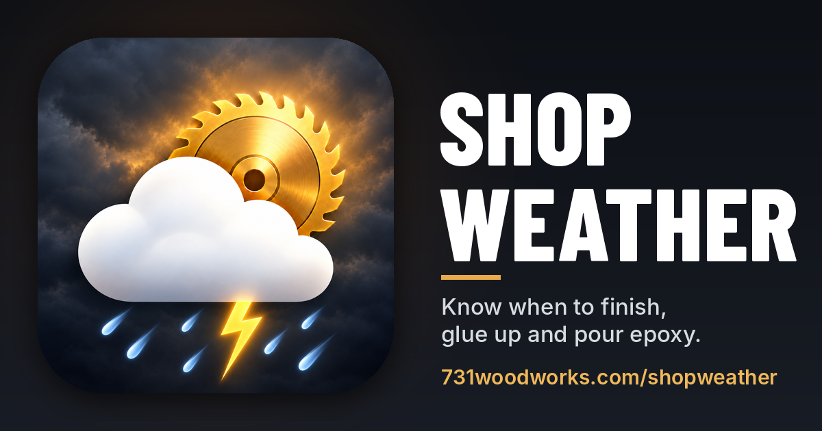 731 Woodworks free Shop Weather page for woodworkers with finishing, glue up, epoxy, rust, and freeze forecasts