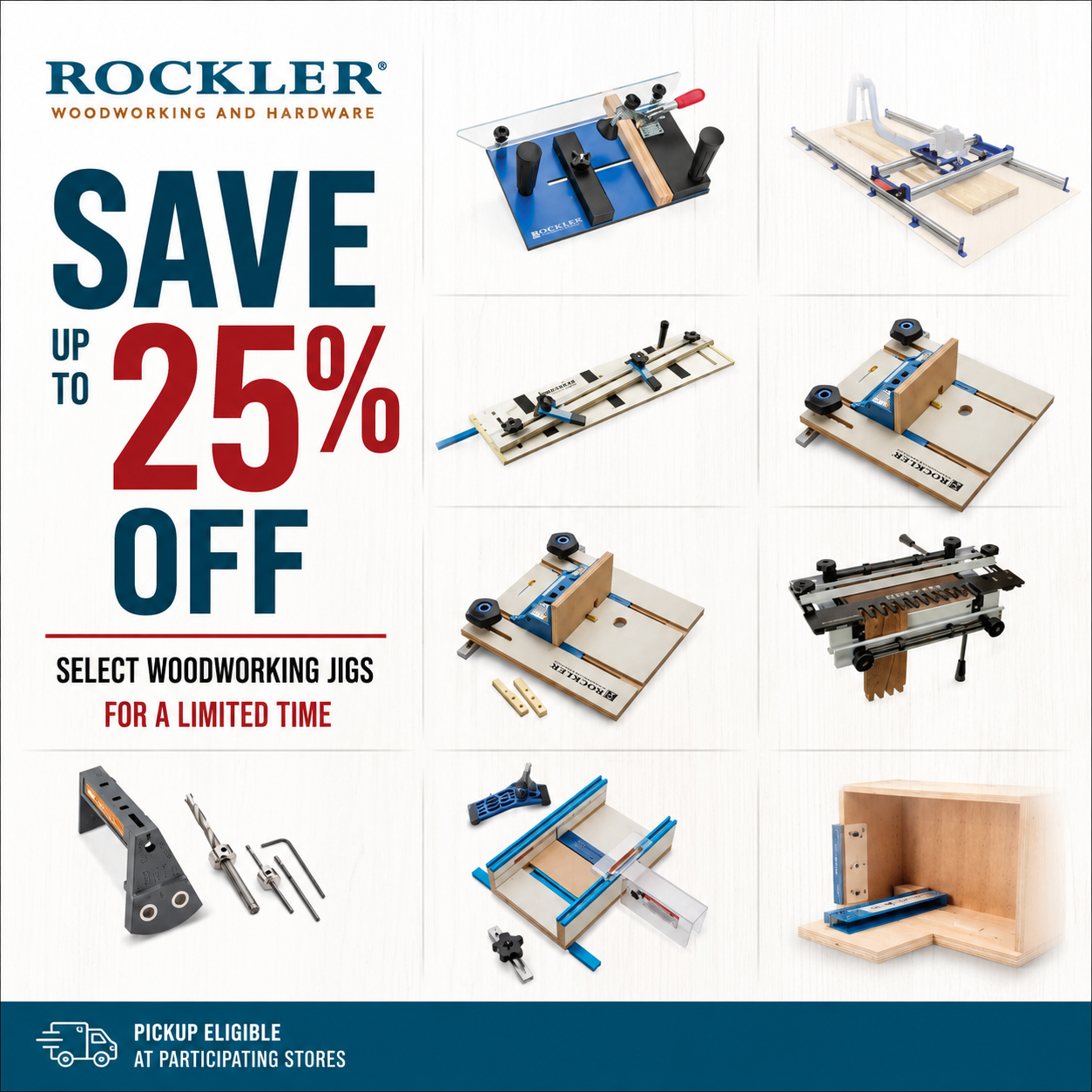 Rockler full size slab flattening router jig, precision table saw crosscut sled, and woodworking joinery jigs on sale at Rockler.