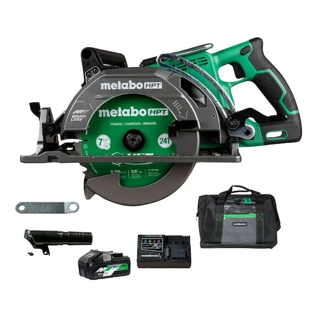 Metabo HPT Multi Volt 36V brushless cordless circular saw kit with battery and charger on a wood work surface.