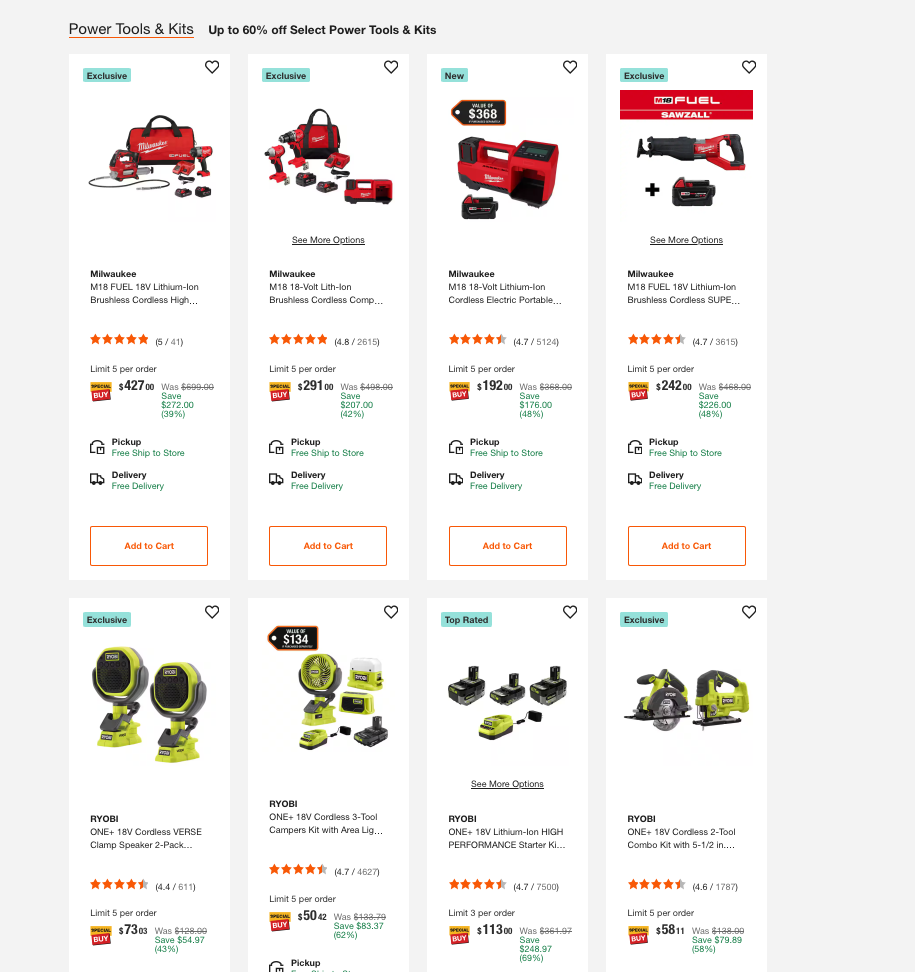 A collection of professional power tool combo kits and outdoor power equipment from Home Depot.