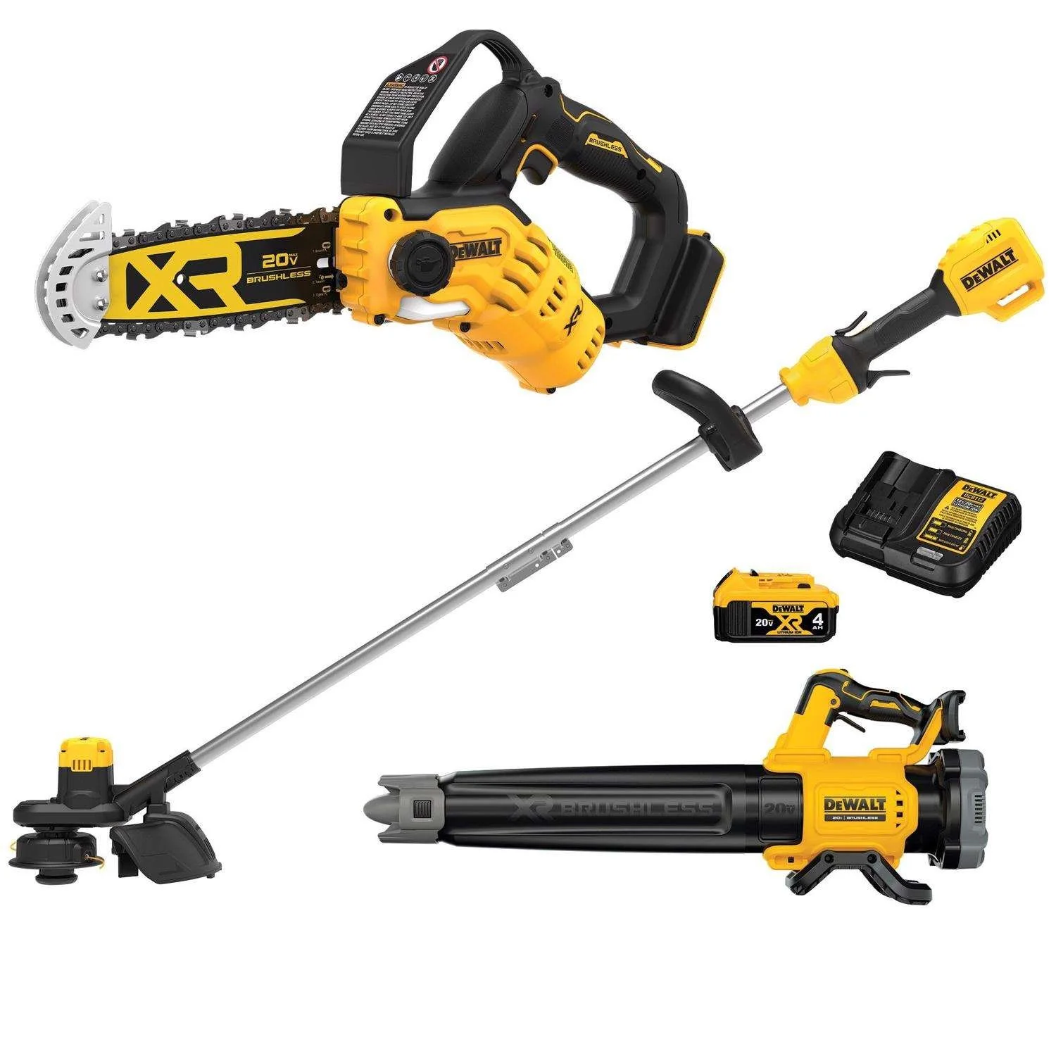 DEWALT 20V MAX XR brushless outdoor tool kit featuring a yellow and black string trimmer, handheld leaf blower, and 8 inch pruning chainsaw with battery.