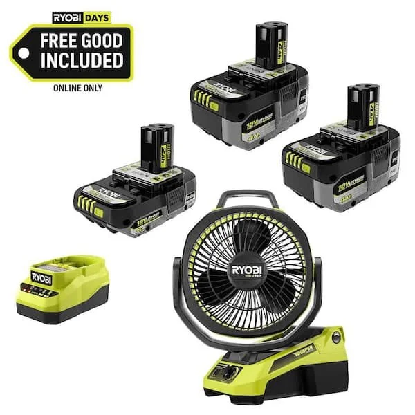 Ryobi ONE+ 18V HIGH PERFORMANCE kit with two 4.0Ah batteries, 2.0Ah battery, charger, and free Ryobi ONE+ HP brushless 9 inch oscillating fan on sale at Home Depot