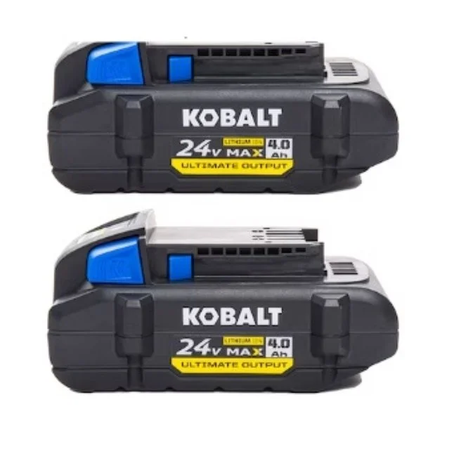 Kobalt 24V Max Ultimate Output lithium ion battery 2 pack showing two 4.0Ah batteries with power indicators and a $50 savings discount label.