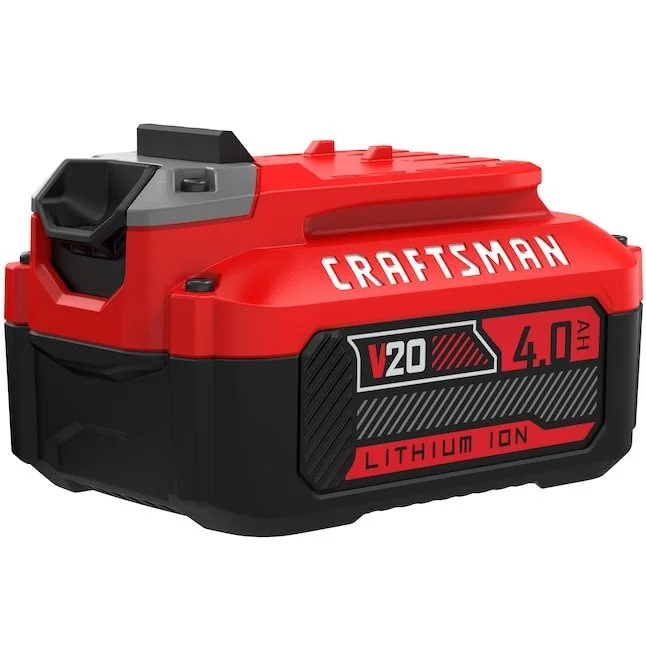 CRAFTSMAN V20 20 Volt 4.0Ah Lithium Ion Battery with 3 LED charge indicator on a white background.