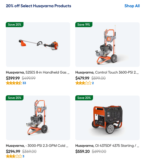 20% off select Husqvarna outdoor power equipment including pressure washers and generators