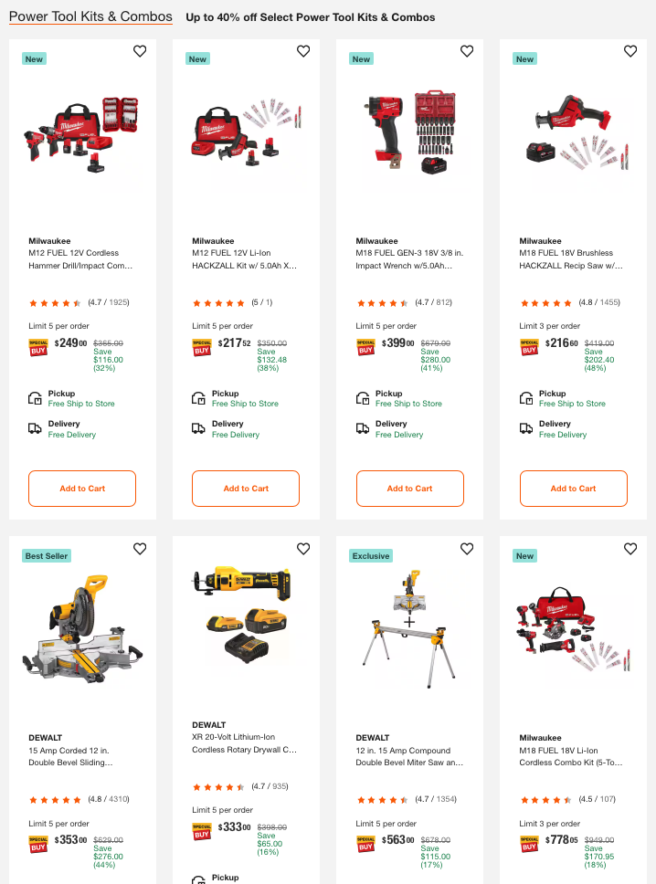 Milwaukee, RIDGID, and DEWALT power tool combo kits and accessories on sale up to 40% off today only at The Home Depot