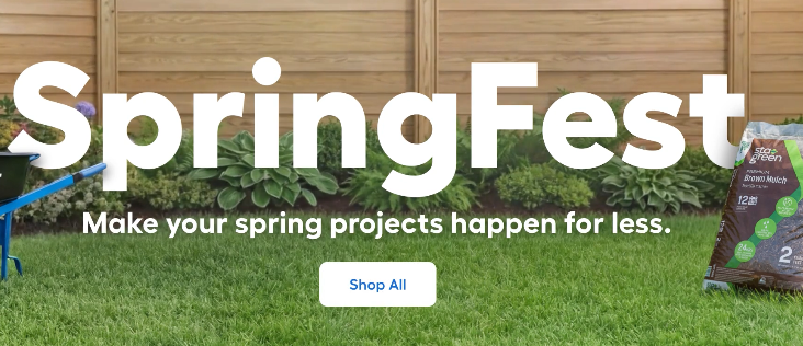 Lowe’s SpringFest sale banner featuring outdoor power equipment and garden supplies at discounted prices