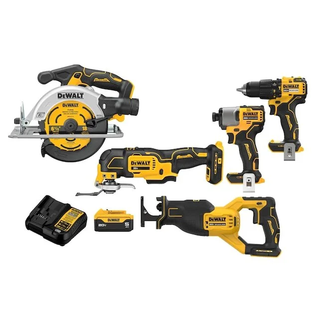 DEWALT 20V MAX 5 Tool Brushless Combo Kit with drill, impact driver, saws, multi tool, battery, and charger