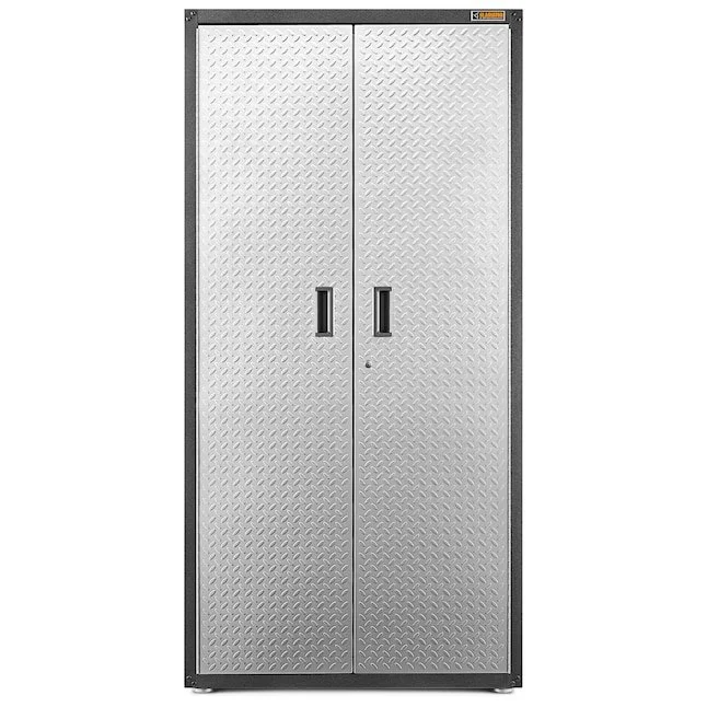 Gladiator freestanding steel garage cabinet and wall organization system set up in a workshop