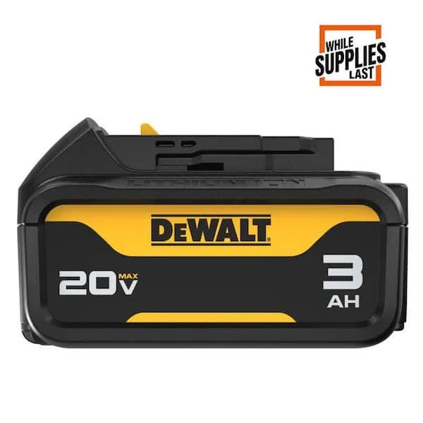 DeWALT 20V MAX Premium Lithium Ion 3.0Ah Battery Pack on a white background showing the 3 LED fuel gauge