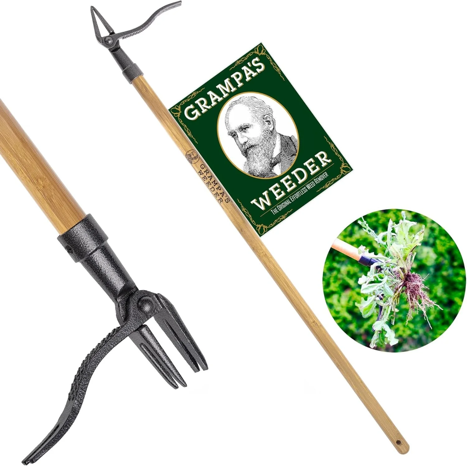 Grampa's Weeder original stand up weed puller tool with long bamboo handle and 4 claw steel head for removing weeds without bending or kneeling