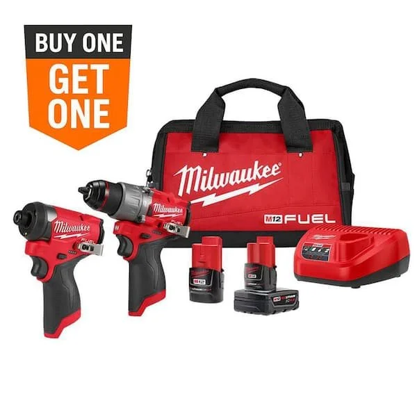 Milwaukee M12 FUEL 2 Tool Combo Kit featuring a brushless hammer drill, impact driver, two batteries, and a contractor bag.