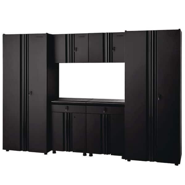 Husky 6 piece regular duty welded steel garage storage system in black with two lockers, two base cabinets, and two wall cabinets on sale at The Home Depot