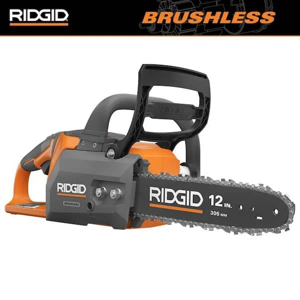 RIDGID 18V Brushless 12 inch cordless electric battery chainsaw with orange and black housing featuring a 12 inch bar and scabbard.