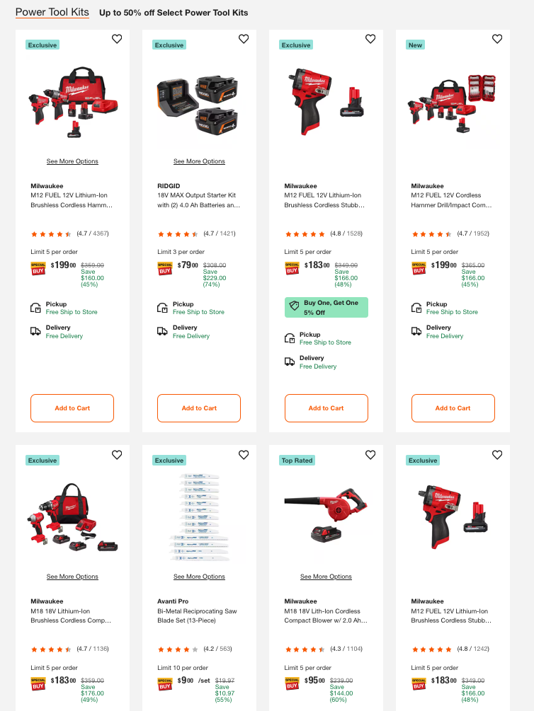 Milwaukee, RIDGID, RYOBI, and DEWALT power tool kits on sale for up to 50% off at The Home Depot