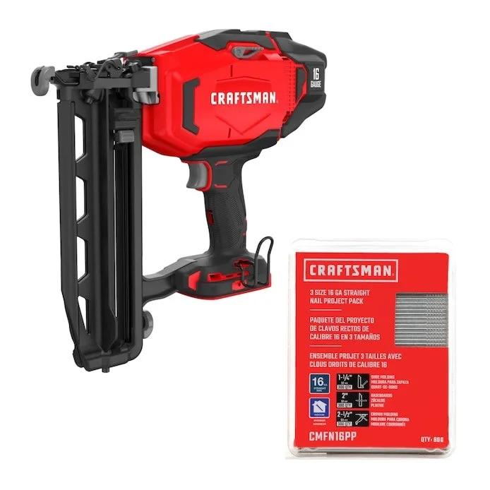 CRAFTSMAN V20 16 gauge cordless finish nailer with 2 inch straight collated finish nails 900 count box on sale for $159 at Lowe's