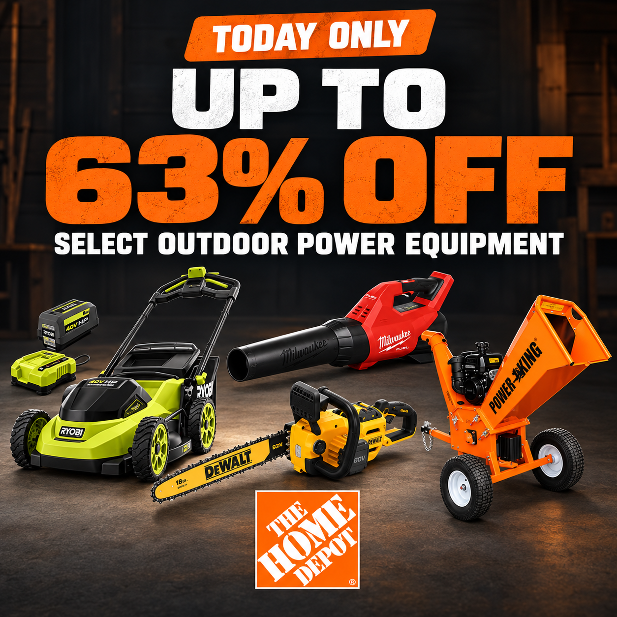 A collection of cordless outdoor power tools including a string trimmer leaf blower and chainsaw arranged for a landscaping project