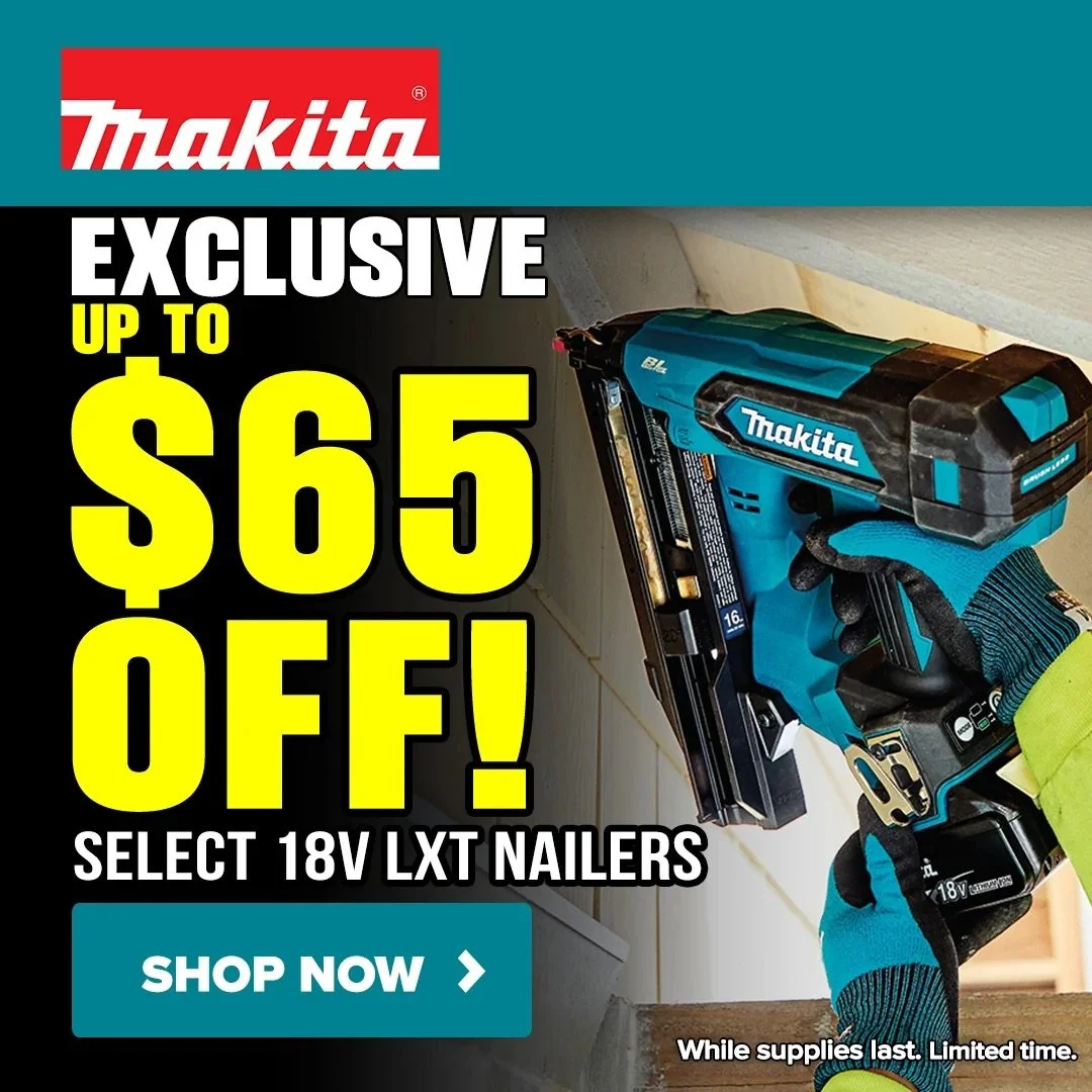 Makita 18V LXT Brushless Cordless Nailers and Stapler lineup resting on a wooden workbench