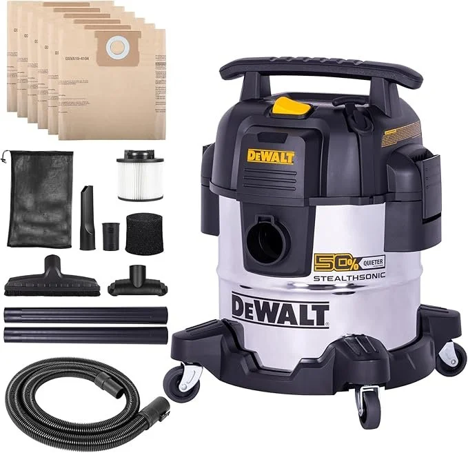 DEWALT 5 Gallon Stealthsonic Stainless Steel Wet Dry Shop Vacuum with accessories and hoses.