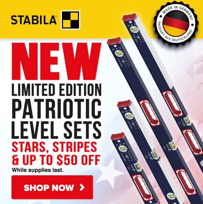Stabila limited edition patriotic red white and blue level sets with star accents and professional vials.