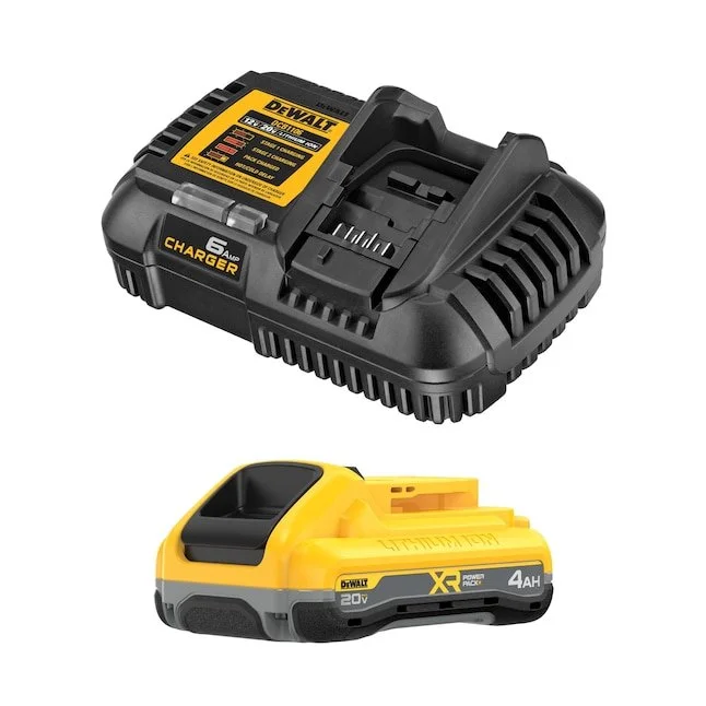 DEWALT 20V MAX 4Ah lithium ion battery and charger starter kit next to a selection of free bare tool options.