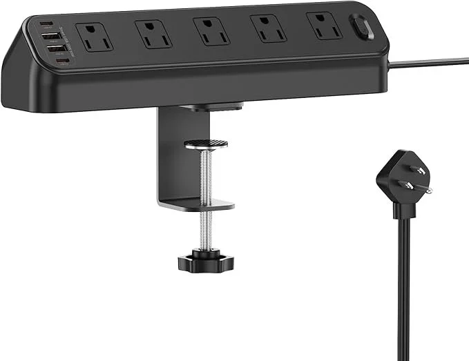 BEVA desk clamp power strip with 10 AC outlets, 2 PD 20W USB C ports, 2 QC3.0 USB A ports, 6 ft flat extension cord, and edge mount clamp design for workbenches and desks up to 1.96 inches thick on sale at Amazon for $26.99