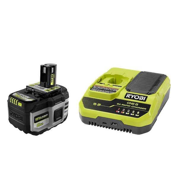 RYOBI 18V ONE+ HP 8.0 Ah Lithium Ion battery and 8A Rapid Charger with USB ports on a white background.
