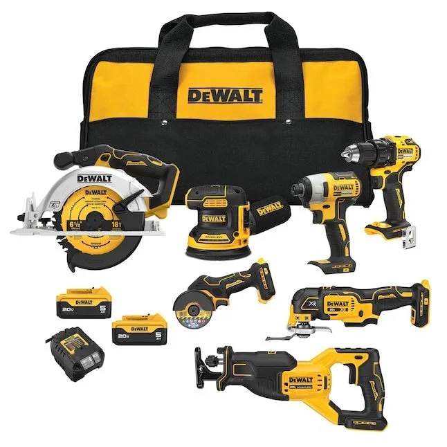 DEWALT 20V MAX 7 tool brushless combo kit with two 5Ah batteries, charger, and contractor bag on sale at Lowe's for $479