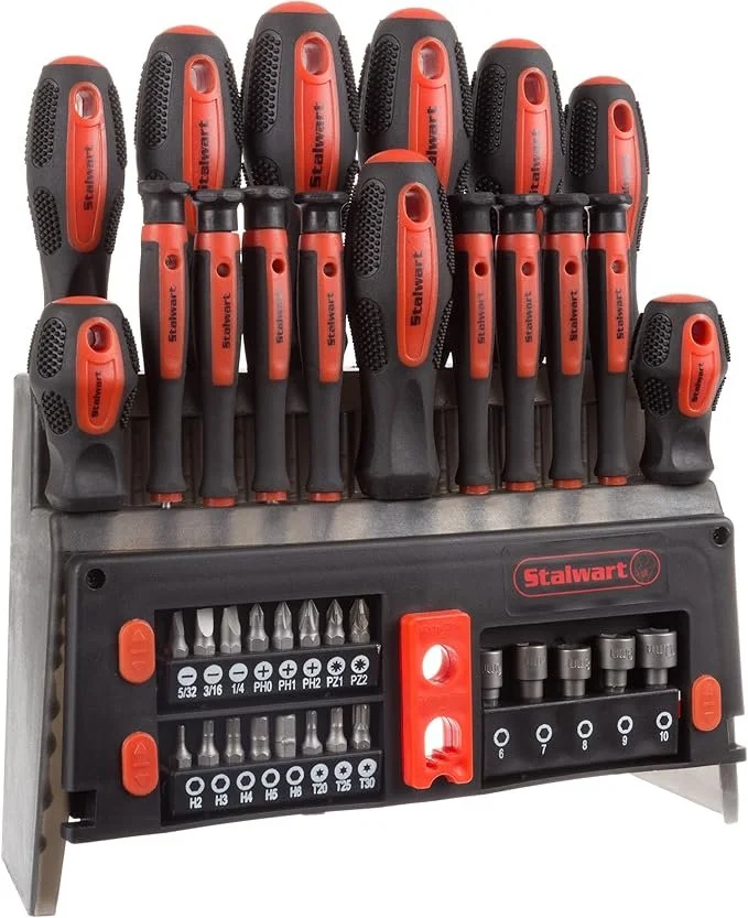 Stalwart 39 piece screwdriver set with red and black handles arranged on a black wall mountable storage rack.