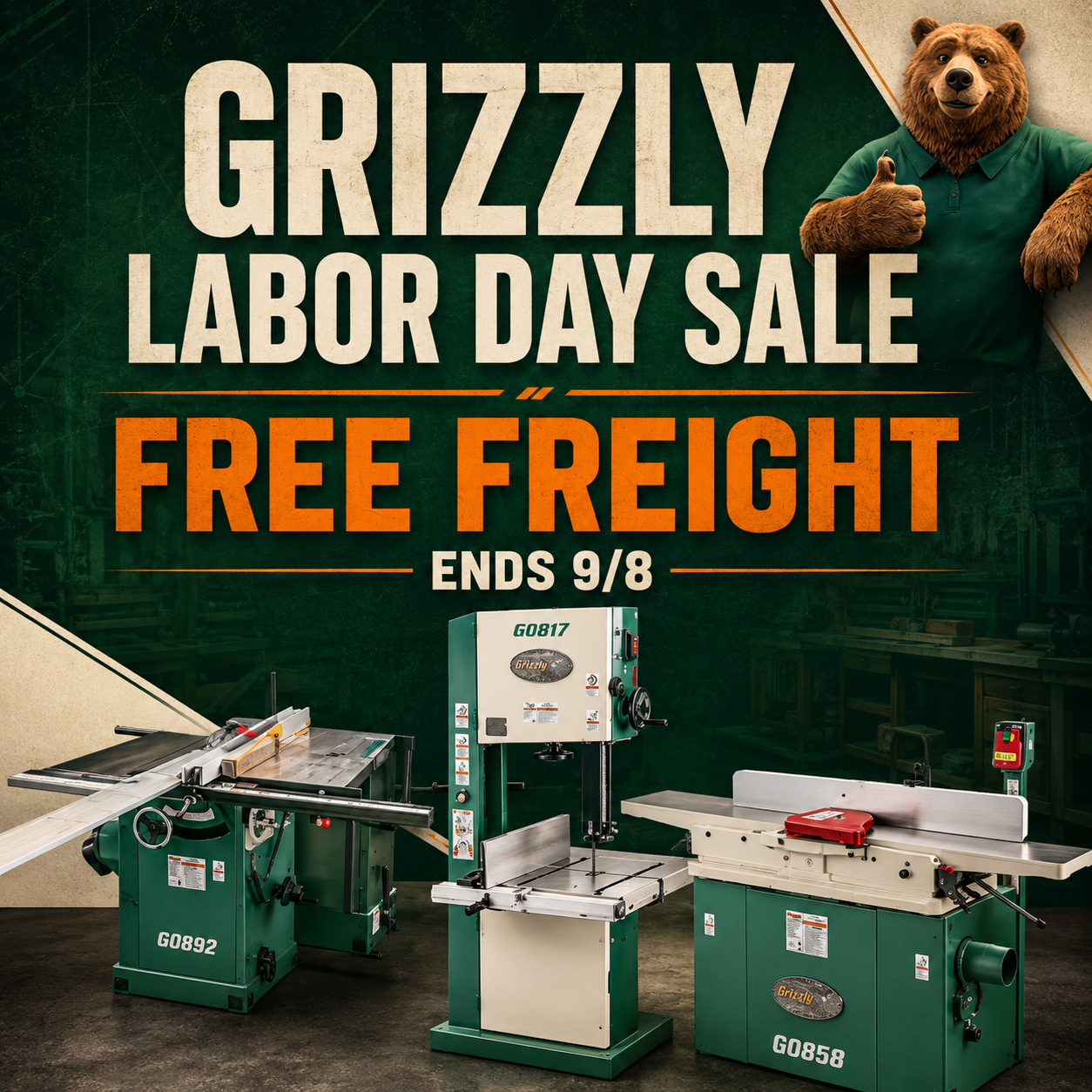 Grizzly free freight promotion on woodworking machines including jointers, drum sanders, bandsaws, and dust collection