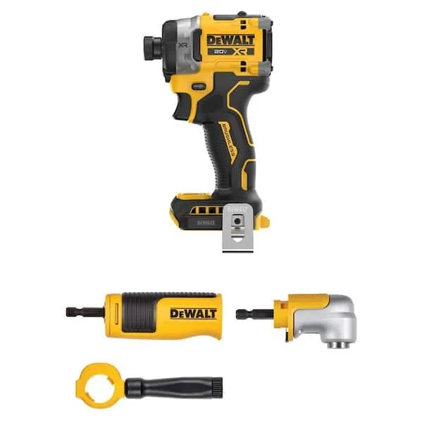 DEWALT 20 Volts MAX XR Cordless Impact Driver alongside the Modular Right Angle Attachment resting on a wooden workbench