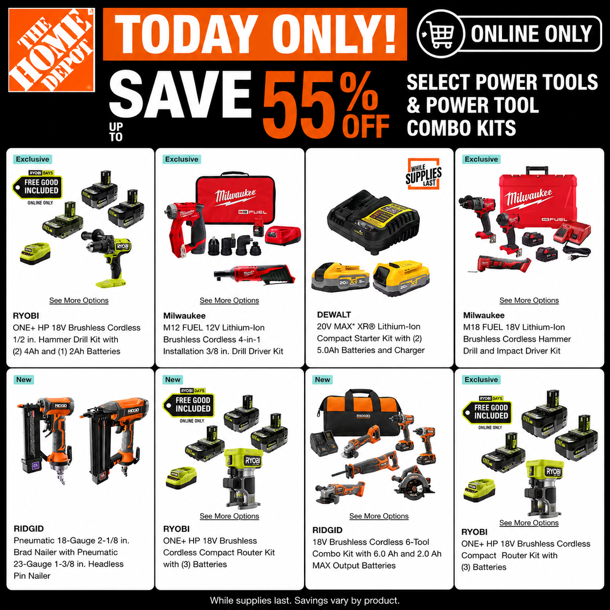 A collection of various brand power tools and combo kits from DeWALT Milwaukee and RYOBI displayed on a workshop table