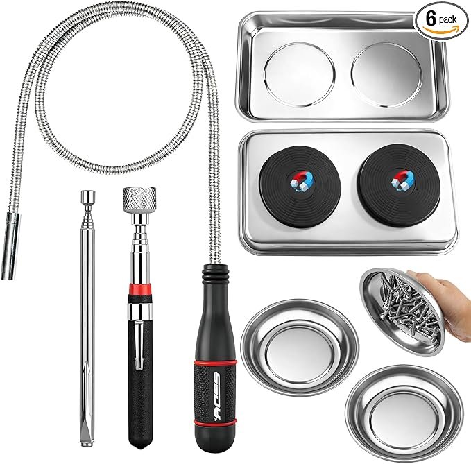 6 piece magnetic pickup tool set featuring telescoping magnet sticks, a flexible grabber, and three blue magnetic parts trays.